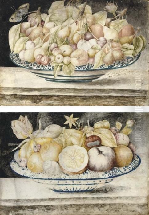 Still Life With Cherries, 
Peaches And Figs In A Blue And White Dish, A Butterfly Above; And Still 
Life With Oranges, Lemons, Peaches, Chestnuts And A Snail In A Blue And 
White Dish Oil Painting by Octavianus Montfort