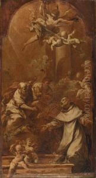 Saints Peter And Paul Appearing 
To Saint Dominic, A Modello, Engrisaille, Painted Arched Top Oil Painting by Francesco Monti