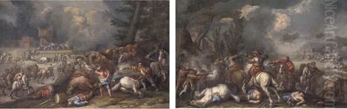 A Cavalry Battle Before A 
Fortified Castle; And A Cavalry Skirmishwith A Fortified Castle Beyond Oil Painting by Francesco Monti