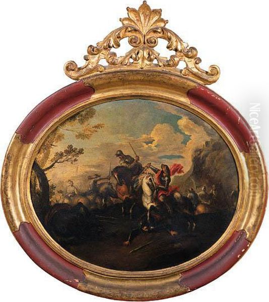 Sosta Di Cavalieri Turchi Presso
 Un Borgo Turrito, Con Unaccampamento Militare In Lontananza Oil Painting by Francesco Monti