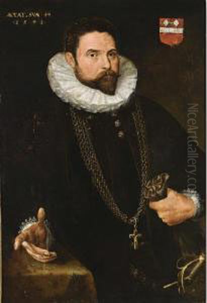 A Portrait Of A Nobleman, At The
 Age Of 44, Standing Half-length, Wearing A Black Suit With White Lace 
Collar, A Golden Chain With Crucifix, A Sword, And Holding Gloves In His
 Left Hand, Standing Next To A Table Oil Painting by Giacomo Antonio Moro