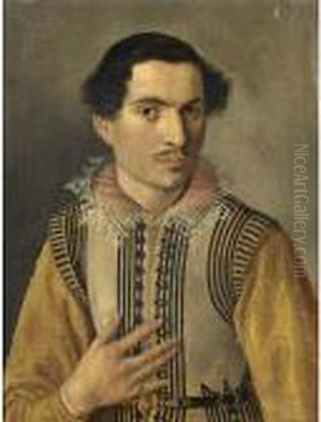 A Portrait Of A Gentleman, Half 
Length, Wearing A Black And White Coat With Yellow Sleeves And A Lace 
Collar Oil Painting by Giacomo Antonio Moro