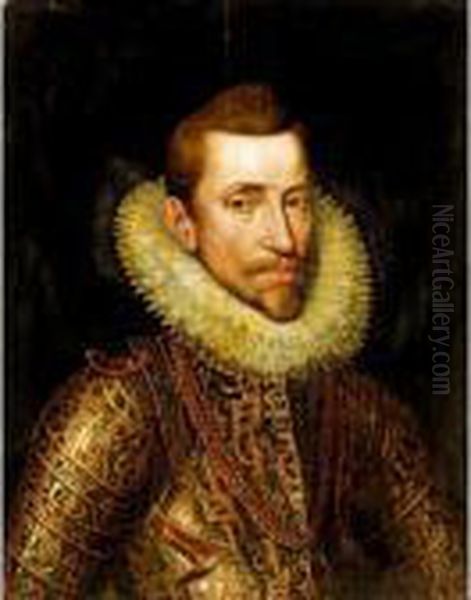 Portrait Of A Phillip Ii, Head 
And Shoulders, Wearing An Elaborate Ceremonial Armour And A Ruff Oil Painting by Giacomo Antonio Moro