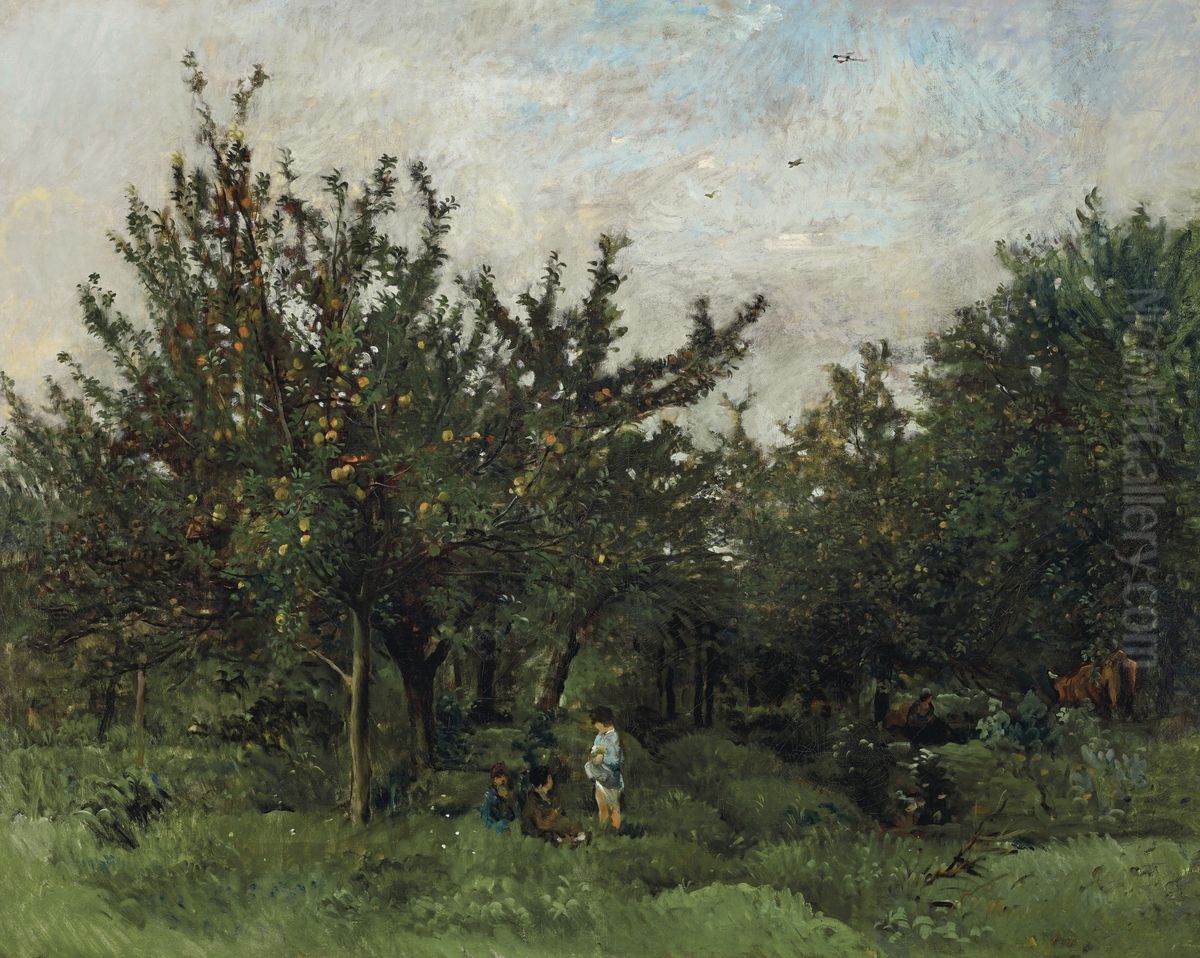 An Apple Orchard Oil Painting by Charles-Francois Daubigny
