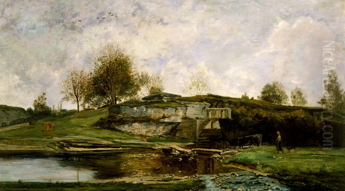 Sluice in the Optevoz Valley Oil Painting by Charles-Francois Daubigny