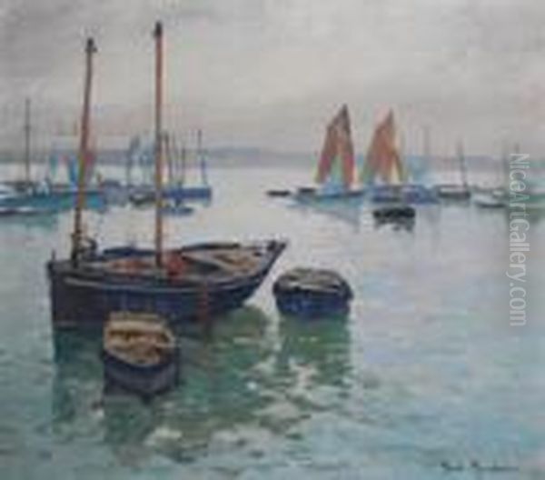 Moored Vessels In A Fishing Harbour Oil Painting by Paul Morchain