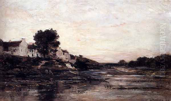 Village Au Bord De L'Oise Oil Painting by Charles-Francois Daubigny