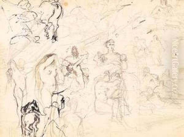 Hercule Et L'hydre, Verso And 
Recto; And An Acadame Study, Recto,and Three Anatomical Studies, Verso Oil Painting by Gustave Moreau