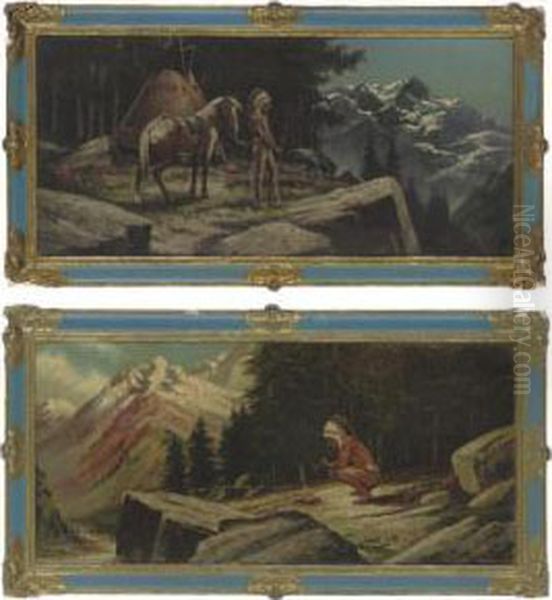 A Native American Smoking A Pipe
 By The Fire; And A Native American With His Horse Overlooking Snow 
Capped Mountains Oil Painting by Henri Moreau
