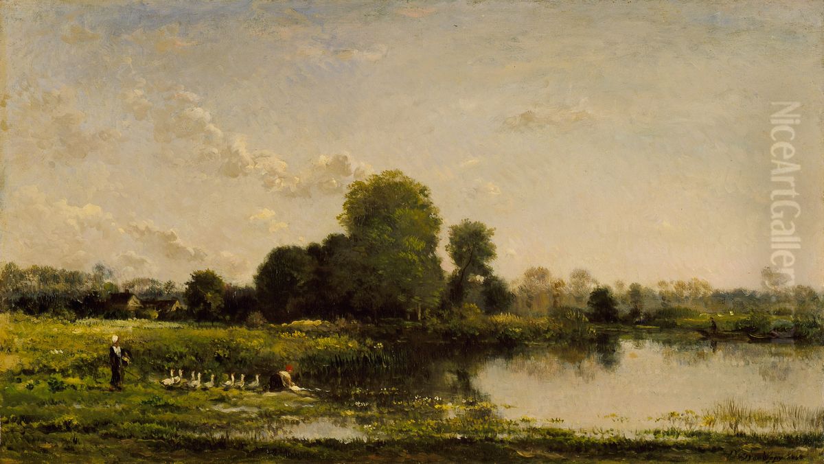 Riverbank with Fowl Oil Painting by Charles-Francois Daubigny