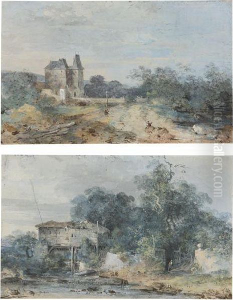 A Pair Of Landscapes Oil Painting by Louis-Gabriel Moreau the Elder