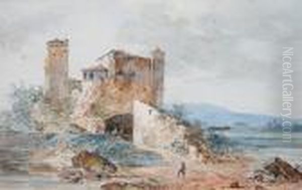 A River Landscape With Figures Amongst Ruins Oil Painting by Louis-Gabriel Moreau the Elder