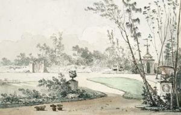 An English Garden Decorated With A Pagoda Oil Painting by Louis-Gabriel Moreau the Elder