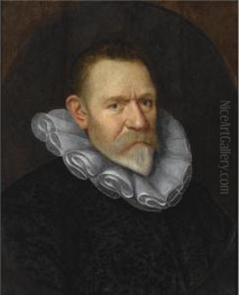 A Portrait Of A Bearded 
Gentleman, Aged 60, Bust Length, Wearing A Black Coat With A White 
Collar, In A Painted Oval Oil Painting by Paulus Moreelse