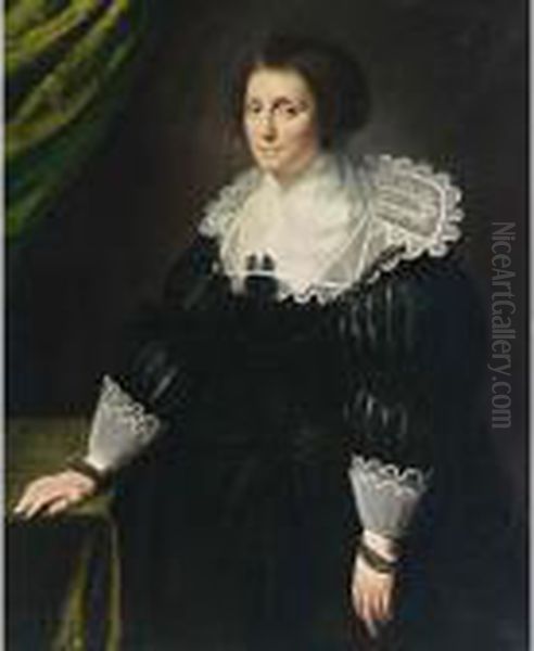 A Portrait Of A Lady, Seated 
Three-quarter Length, Wearing A Black Dress With A Composite White 
Collar And Cuffs, A Black Headdress And Pearl Jewellery Oil Painting by Paulus Moreelse
