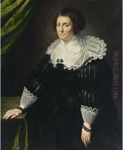 A Portrait Of A Lady, Seated 
Three-quarter Length, Wearing A Black Dress With A Composite White 
Collar And Cuffs, A Black Headdress And Pearl Jewellery, Leaning With 
Her Right Hand On A Table Oil Painting by Paulus Moreelse