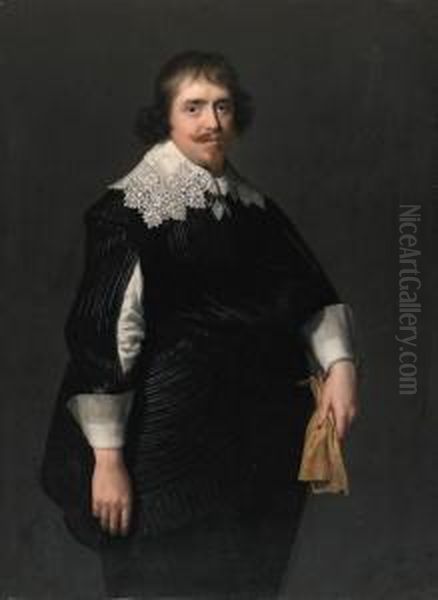 Portrait Of A Gentleman, 
Three-quarter-length, In A Black Doubletwith Slashed Sleeves, Black Hose
 And Sash, His Gloves In His Lefthand; And Portrait Of A Lady, 
Three-quarter-length, In Anembroidered Black Dress With Lace Cuffs And 
Ruff, Wearing A  Oil Painting by Paulus Moreelse