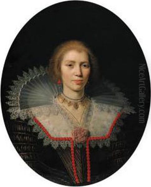 Portrait Of A Lady, Bust-length,
 In A Gold-brocaded Black Dresswith An Elaborate Lace Collar And Coral 
Beading Oil Painting by Paulus Moreelse