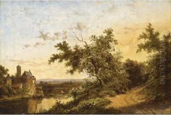 A Panoramic Landscape With 
Figures On A Country Road; Travellers At Rest Near A Castle (a Pair) Oil Painting by Jan Evert Morel