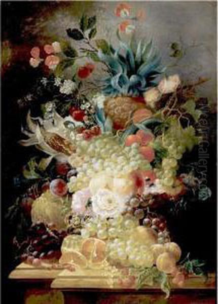 Still Life Of Various Fruits And
 Flowers On A Ledge Including A Pineapple And An Ear Of Corn Oil Painting by Jan Evert Morel
