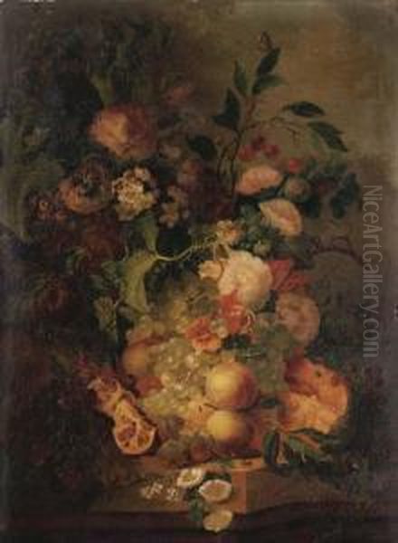 Grapes, Pomegranates, Peaches, 
Cherries, And A Melon, With Carnations, And Other Flowers On A Stone 
Ledge In A Landscape Oil Painting by Jan Evert Morel