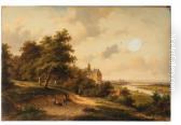 A Panoramic View Of A River 
Valley With Travellers Resting On Awooded Path In The Foreground Oil Painting by Jan Evert Morel