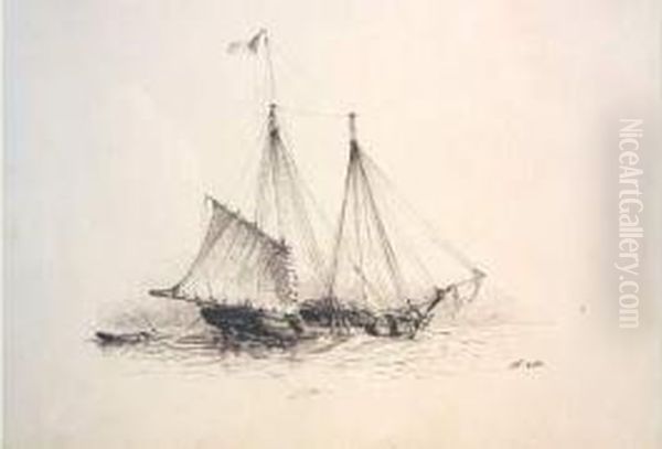 Voilier De Commerce, Marchant Voilure Reduite, Un Canot A L'arriere Oil Painting by Antoine Leon Morel-Fatio