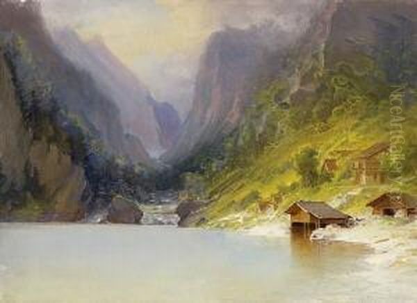 Gebirgssee Mit Bauern- Und
 Bootshausern. Oil Painting by Carl Morgenstern