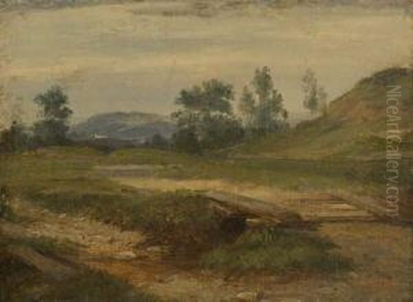Bachlauf Mit Holzbrucke In
 Hugeliger Landschaft. Oil Painting by Christian Bernhard Morgenstern
