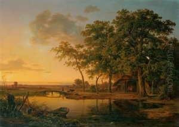 Flusslandschaft Nach
 Sonnenuntergang.

 Signiert Und Datiert Unten Links: Chr. Morgenstern Oil Painting by Christian Bernhard Morgenstern