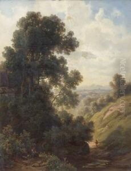 Hohlweg Mit Wanderer Im Dachauer
 Land. Oil Painting by Christian Bernhard Morgenstern