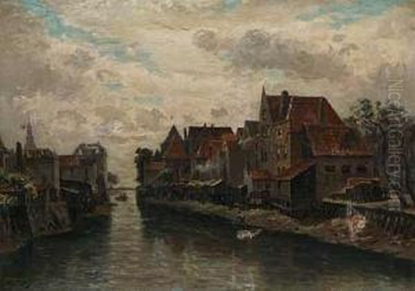 Kanal An Einer Hollandischen Stadt Oil Painting by Friedrich Ernst Morgenstern