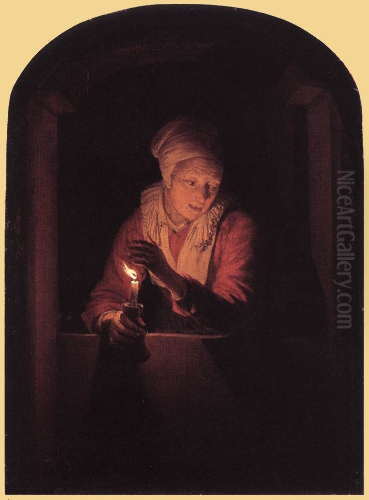 Old Woman With A Candle Oil Painting by Gerrit Dou