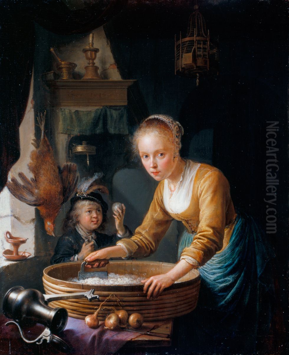 Girl Chopping Onions Oil Painting by Gerrit Dou
