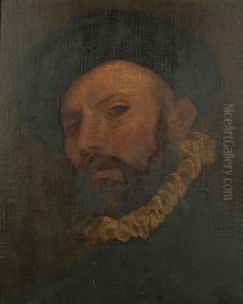 Portrait Of A Gentleman, Bust Length, In Black With A Black Cap And A White Ruff Collar Oil Painting by Giovanni Battista Moroni