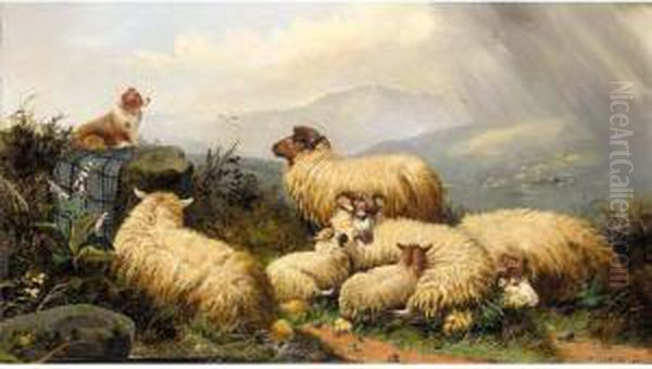 Sheep In A Highland Landscape Oil Painting by John Morris