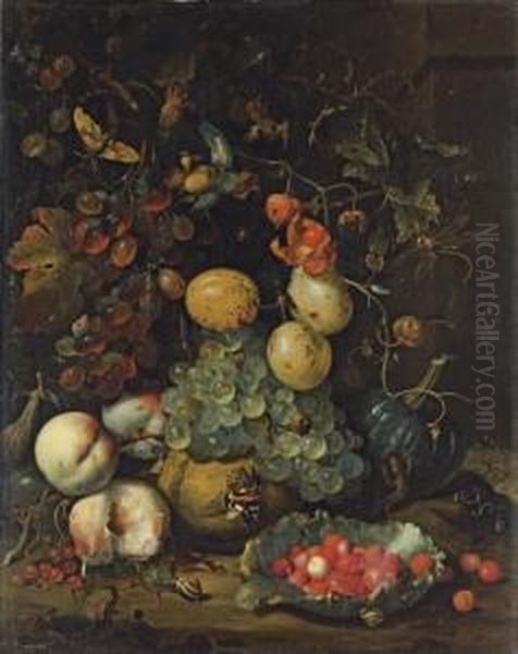 Figs, Plums, Grapes, Peaches, 
Redcurrants And A Pumpkin, With A Lettuce Leaf Filled With Wild 
Strawberries, A Newt, A Butterfly, Ants And Snails On A Ledge Oil Painting by Jan Mortel
