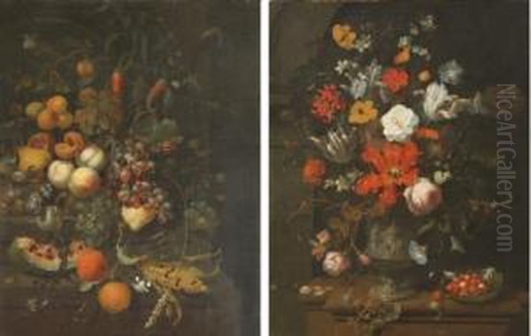 Tulips, Roses, Carnations, 
Lilies And Other Flowers In A Sculpted Vase Depicting Venus And Cupid, 
Strawberries In A Cabage Leaf, Other Berries And A Snail, All On A Stone
 Ledge; And Oranges, A Watermelon, Plums, Peaches, A Pear, A 
Pomegranate, Pep Oil Painting by Jan Mortel