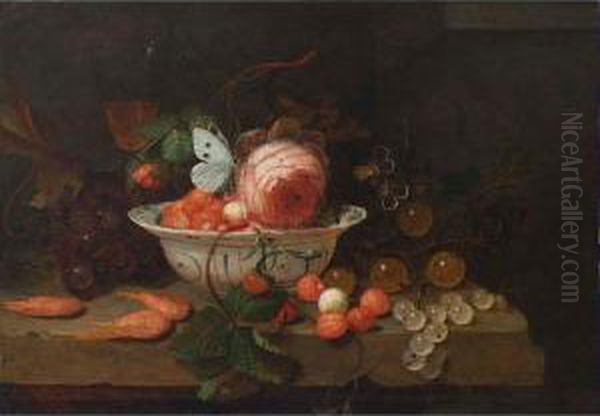 A Stil Life With A Porcelain 
Bowl With Strawberries, A Rose And A Butterfly, A Wineglass, Grapes, 
Prawns, Gooseberries, All On A Stone Ledge Oil Painting by Jan Mortel