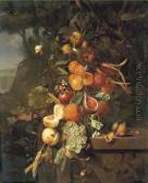 Peaches, Apricots, Grapes, 
Oranges, Blackberries, Sheafs Of Corn And A Pomegranate On A Plinth With
 A Sculpted Relief, With Butterflies, A Snail And A Ladybird, In A 
Mountainous Landscape Oil Painting by Jan Mortel