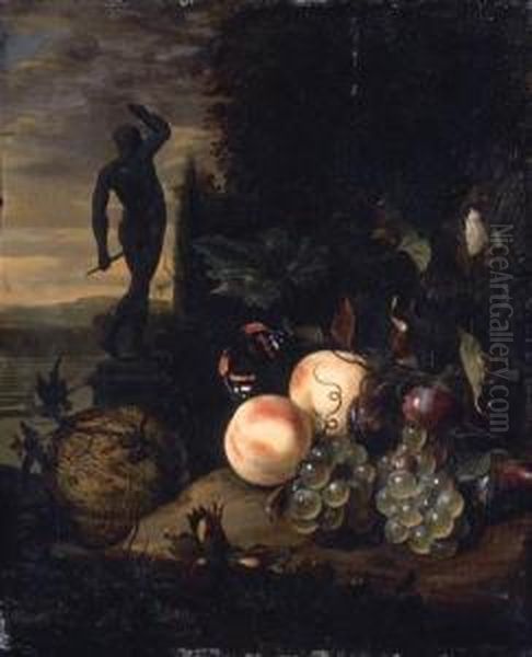 Peaches, Grapes, Plums And A 
Melon With A Red Admiral And A Moth Bya Tree Trunk, A Statue In A Formal
 Garden Beyond Oil Painting by Jan Mortel