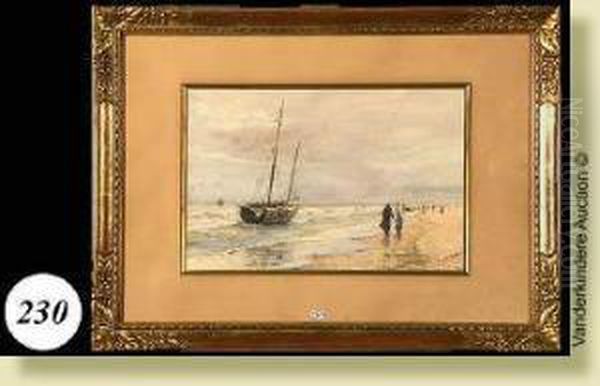 Plageanimee, Aquarelle Sur 
Papier. Signee En Bas A Droite F. Mortelmans.ecole Belge. Dim.: 32x49 Cm Oil Painting by Frans Mortelmans