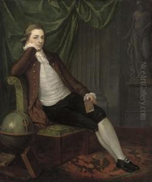 Portrait Of A Gentleman, 
Full-length, Seated In A Brown Coat, A Book In His Left Hand, By A Globe
 And A Statue Of Moses Oil Painting by John Hamilton Mortimer
