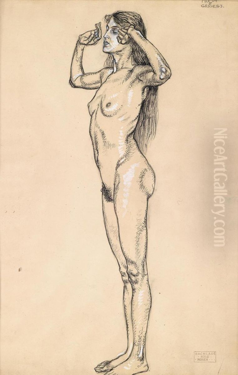 Female Nude With Raisedarms Oil Painting by Kolo Moser