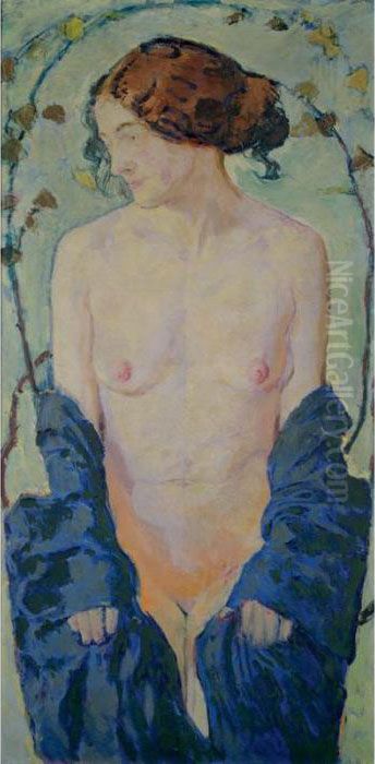 Standing Nude With Blue Robe Oil Painting by Kolo Moser