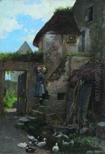 Jungbauerin Mit Enten Im
 Hof. Oil Painting by Henry Mosler