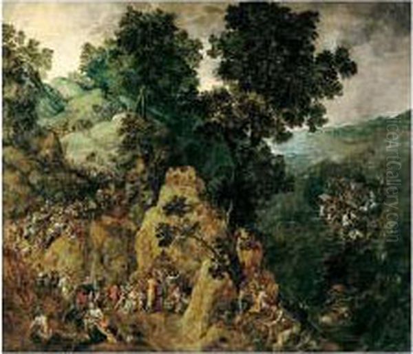 The Israelites' Flight From 
Egypt To The Promised Land, With Pharaoh's Army Engulfed By The Red Sea,
 Moses Striking The Rock, And Moses With The Tablets Of The Law Oil Painting by Gillis Mostaert