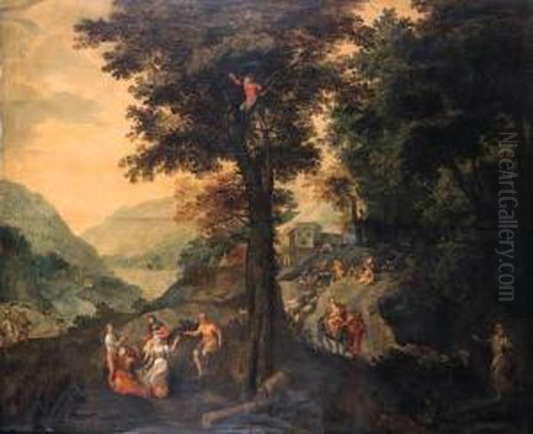 The Flight Into Egypt With 
Peasants Resting Under A Tree Nearby Anda Shepherd With His Flock On A 
Road Beyond, A Valley In Thedistance Oil Painting by Gillis Mostaert
