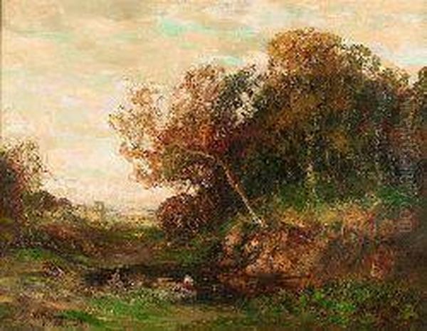 Figures By A Woodland Pool Oil Painting by William Mouncey