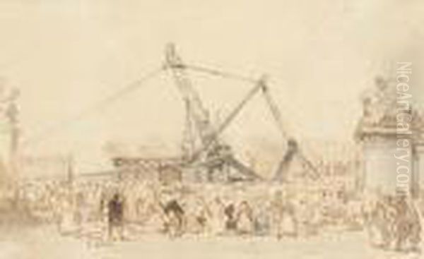 La Mise En Place De L'obelisque 
Sur La Place De La Concorde A Parisavec Une Foule Regardant La Scene Oil Painting by Charles Louis Mozin